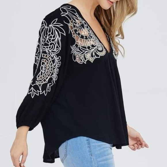 Embroidered V-Neck Top with Tie Tassles - Picture 3 of 6